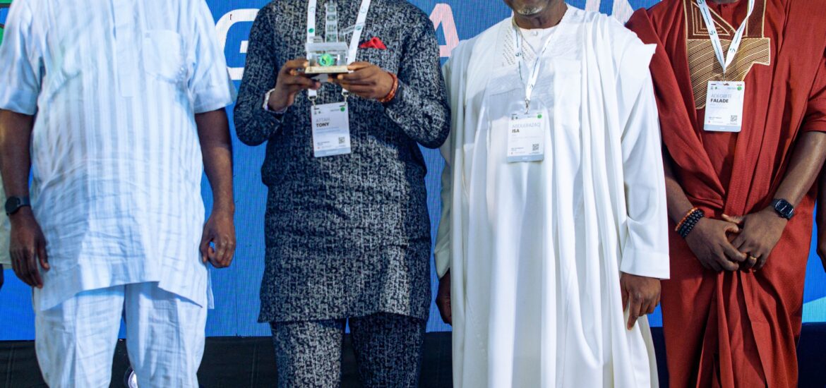L-R: Minister of State for Petroleum Resources (Oil), Senator Heineken Lokpobiri; Managing Director/Chief Executive Officer, Renaissance Africa Energy Company Limited, Mr. Tony Attah; Renaissance Director and Chairman/CEO, Waltersmith Group, Alhaji Abdulrazaq Isa; and Renaissance Director and MD/CEO, Aradel Holdings, Mr. Adegbite Falade, receiving the award of Energy Deal of the Year presented to Renaissance at the ongoing Nigerian International Energy Summit in Abuja on Tuesday night.